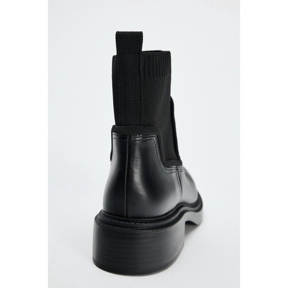 Zara Black Leather Black Ribbed Sock Ankle Boots Chelsea Women US 7.5 EUR 38 - Picture 3 of 15